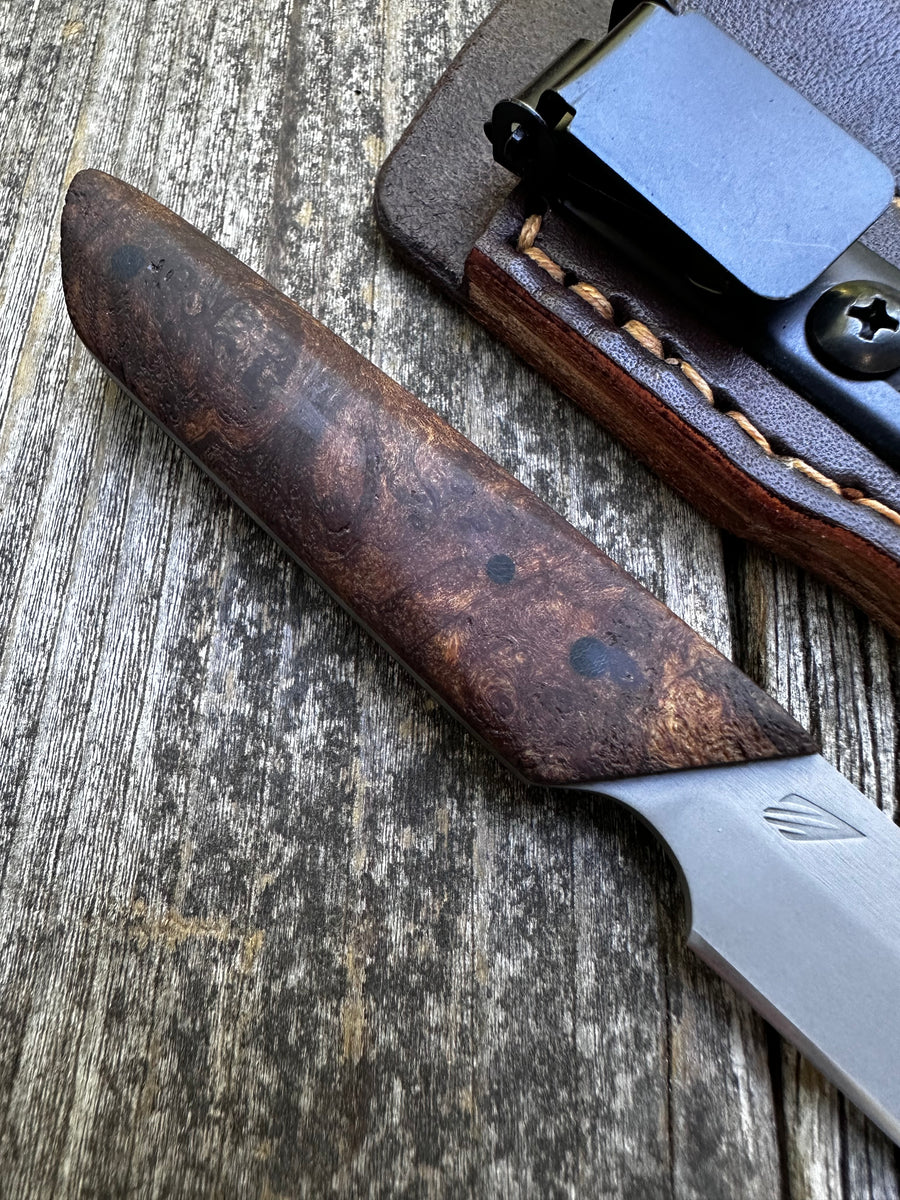 Ocelot Pocket EDC knife — Ambrosia Maple Burl & Linen Micarta